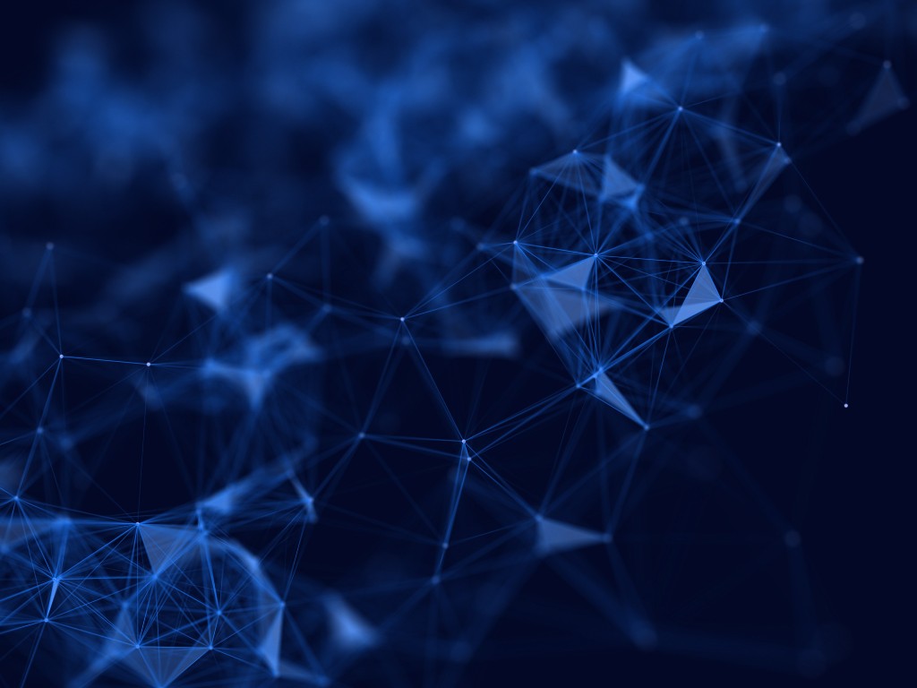 Abstract network of glowing blue nodes and connections on a dark background.