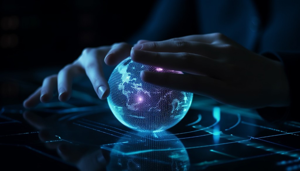 Glowing digital globe held between hands over a futuristic control surface